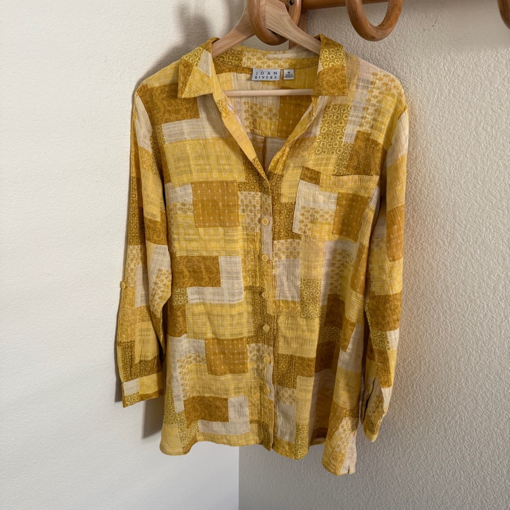 Joan Rivers Patchwork Plaid Cotton Tunic Shirt Yellow oversized size M retro